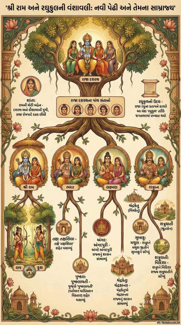 An illustrated chronicle poster where each branch of the lineage is annotated with the lives and places of ancestors