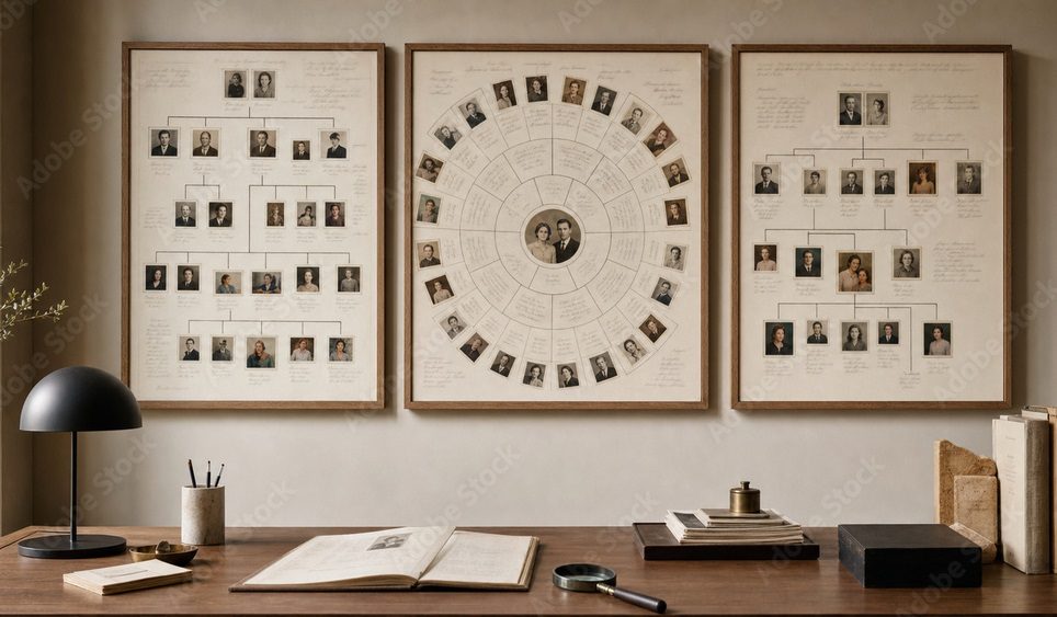 Framed family photographs arranged with a fan chart, styled as a classic archival wall display