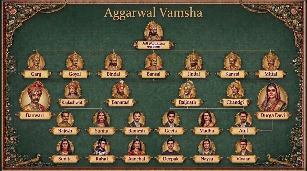 Portrait medallions of a lineage arranged on a deep emerald field, descending from the founding ancestor