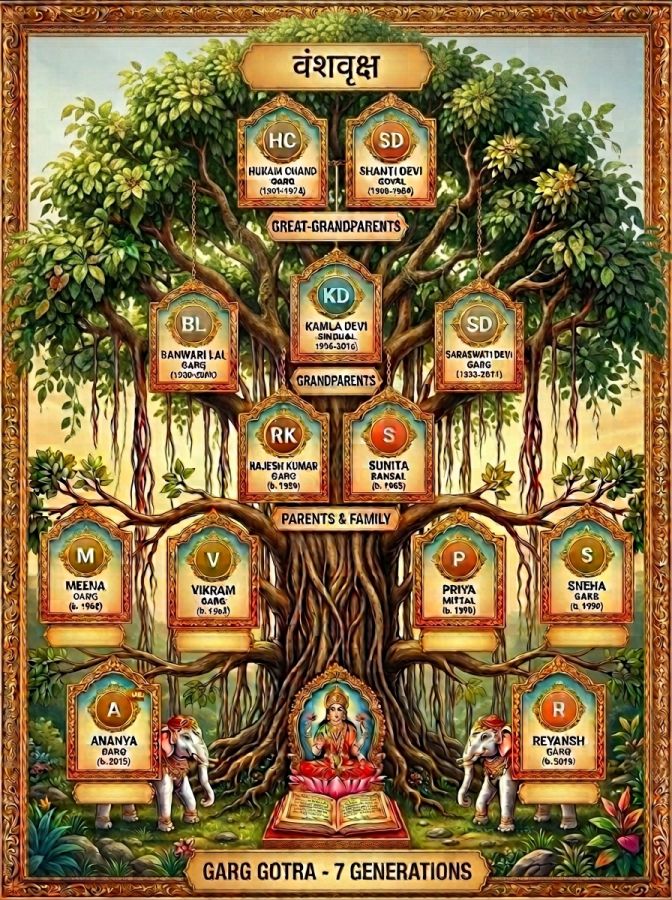 A completed Vaṃśa-Vṛkṣa heirloom: ancestor plaques hung on a sacred banyan, with generation banners and the Garg Gotra at the base